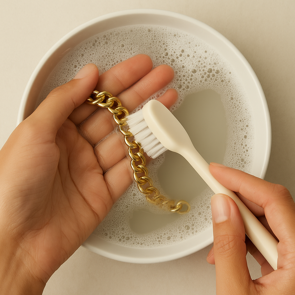 Photo of jewelry chain being cleaned in a bowl with a brush.