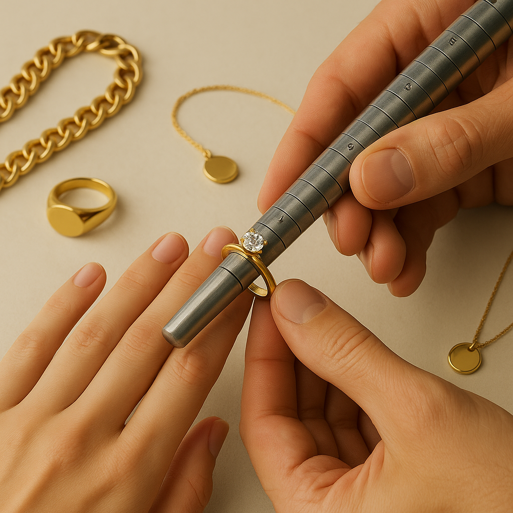 Photo of ring being fit and measured.